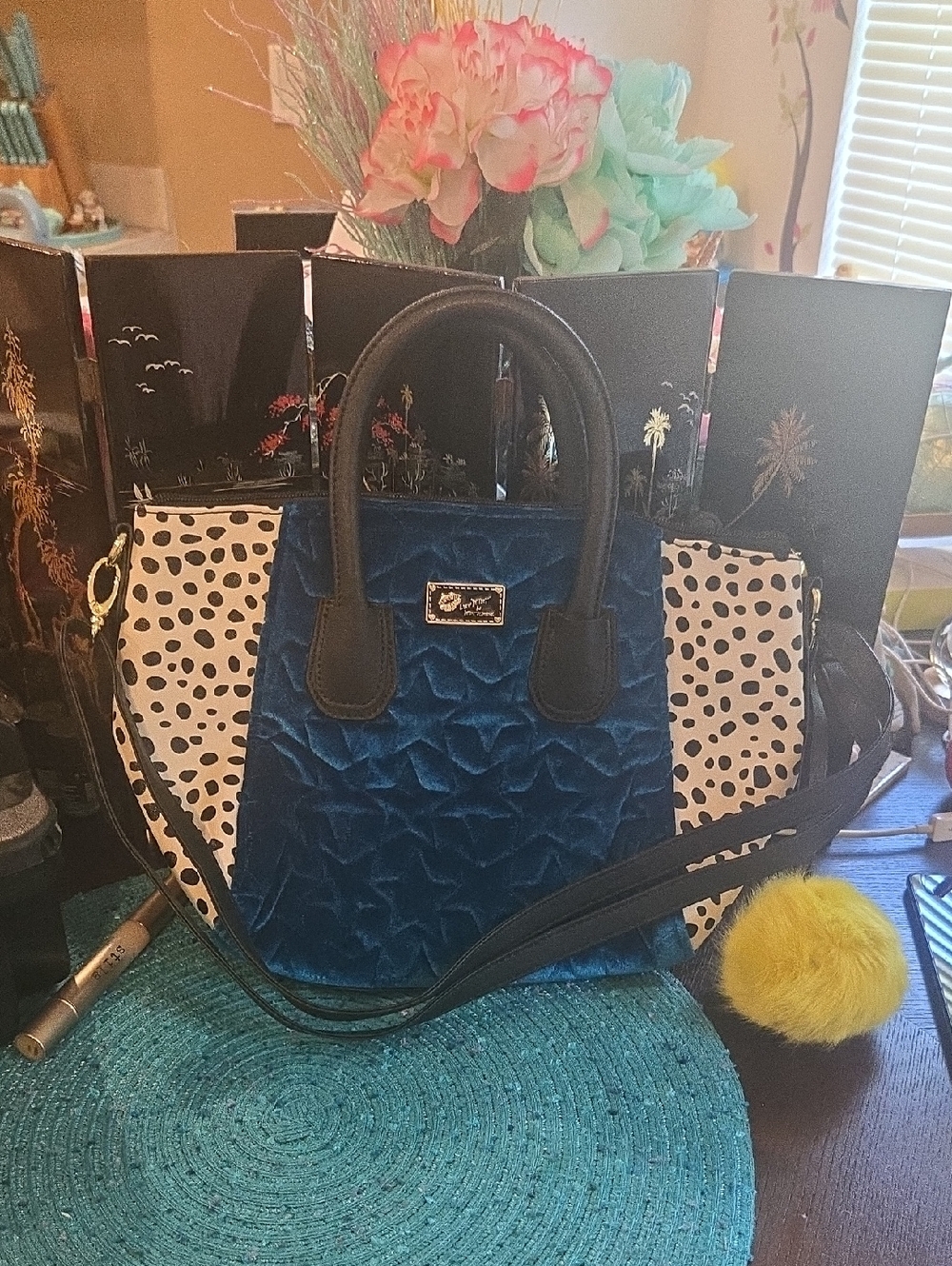 Betsey Johnson Blue Velvet Satchel with Black & White Spot Panels